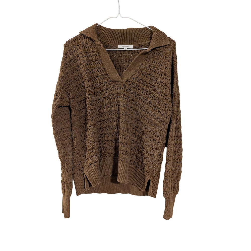Madewell Polo Sweater Womens XS Green Pointelle Knit V-Neck Long Sleeve